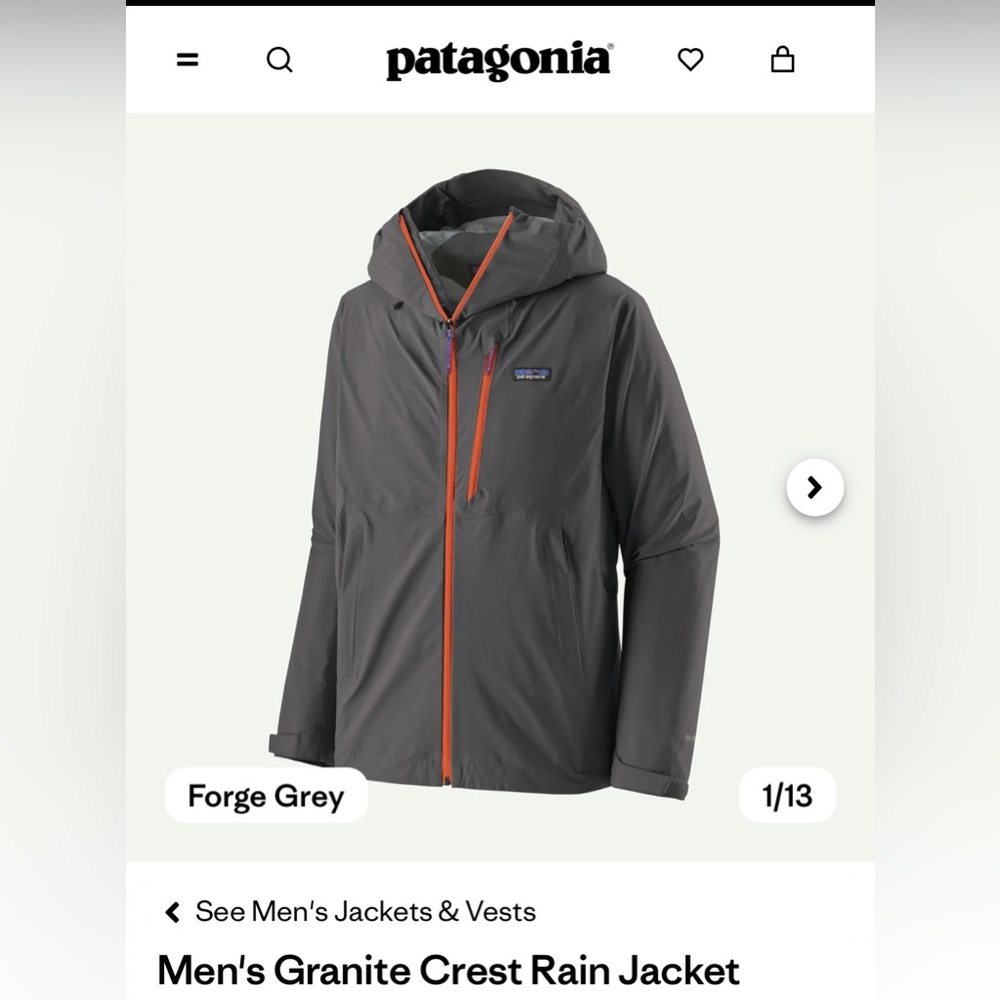 NWT Patagonia Men's Granite Crest Rain Jacket - Forge Grey S